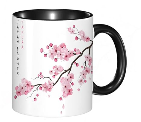 HRRASFAZF Tasse à Café | Tasse Céramique Fine | Cadeau Original | 330ml | Mug avec Anse | Cadeau Original pour Homme et Femme | Branche de cerisier japonais sakura réaliste avec des fleurs en fleurs