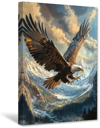 CXHOSTENT Adler-Leinwandbild Vogelbilder Wildtier-Gemälde Druck Weißkopfseeadler Bild wilde Naturlandschaft Wohnzimmer-/Büro-Dekor gerahmt (40L x 60B cm)