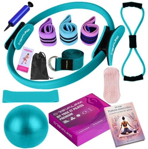Revalinx Pilates Set Zuhause 9tlg, Pilates Yoga Set mit Pilatesring Damen, Yogaball, Widerstandsbändern, Gurt, Fitnessband, Rutschfesten Socken, Pilates Zubehör Damen, Pilates Reformer