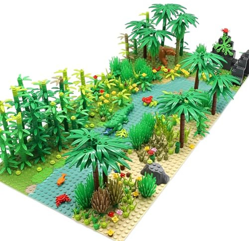 QuirkQuest Regenwald Dschungel Bäume Bausteine Bausatz, Wald Garten Pflanzen Blumen Büsche Tiere Klemmbausteine Kit, Botanische Teile Landschaft Spielzeug, Ideen Geschenke für Kinder Erwachsene