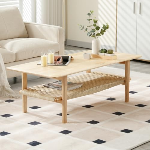 chairus Couchtisch Holz Wohnzimmertisch Beistelltisch mit Ablagen Naturholz | Sofatisch mit Stauraum für Wohnzimmer Büro, 120 x 55 x 42 cm, Regale zur Aufbewahrung, Holzstruktur, Retro-Stil