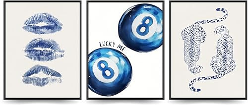 Linilioart Blue Posters, Trendiger Geparden-Wandkunst, 3er-Set, 8 Ball, Kusslippen, Adrette Bilder, Leinwanddruck, Ästhetisch für Schlafzimmer, Ungerahmt (40 x 60 cm)