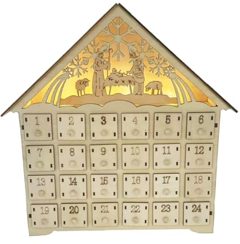Gcroet Holz Adventskalender mit Schubladen und LED 24 -Tagen Countdown zum Weihnachtskalender 2025 Batterie für Erwachsene Kinder Home Dekoration.