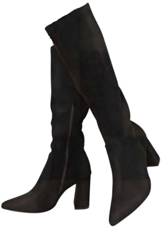 iKrush Women's Black Composition Leather Knee High Boots - Pointed Toe Mid Block Heel