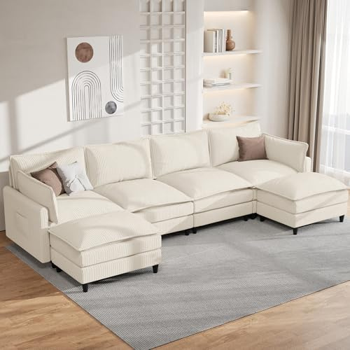 APICIZON Couch mit Schlaffunktion, U Form Sofa 4 Sitzer, 363cm Länge-Wohnzimmer Couch mit Cordbezug, Big Sofa mit 4 Rückenlehnen&2 Kissen&2 Ottomane, Seitliche Magazin-Aufbewahrungstasche, Beige