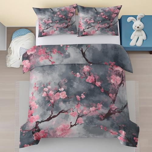 Generisch Kirschblüten Bettwäsche 140x200, Grau Rosa Floral Muster Bettwäsche Sets Mikrofaser Bettbezug 2 Teilige mit Reißverschluss, Japanische Blumen Weiche Deckenbezug mit 1 Kissenbezug 70x90 A8
