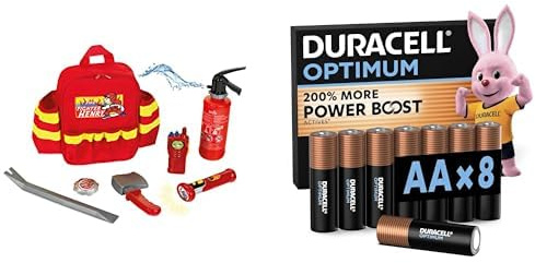 Theo Klein Fire Fighter Henry Rucksack, LED Taschenlampe, 3+ Jahre, & Duracell Optimum AA 8 Stück, Power Boost