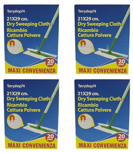 Terryshop74® 4 Confezioni Panni Cattura Polvere 21x29 cm – 80 Panni Totali (20x4) Ricambio Universale per Scope, Dry Sweeping Cloths – Trattengono Polvere, Capelli e Sporco – Maxi Convenienza