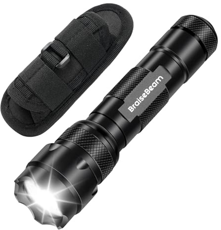 BraiseBeam Tactical Torch with Holster, 1000 Lumens LED Flashlight, Single Mode (On/Off), Zoomable Adjustable Focus, IP65 Waterproof Handheld Light for Camping, Hiking - Battery Not Included