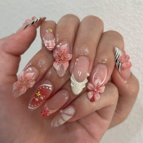 Bafutayawa Faux Ongles, 24Pcs Ongles Pression Moyenne Amande Avec Design Fleur 3D Rose, Ongles Blancs Pearl Français Pour Femmes