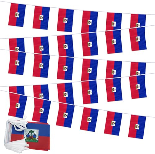 PTEROSAUR Banderole de fanions Haïti – 14 x 21 cm, 30 drapeaux haïtiens sur ficelle de 10 m pour événements sportifs, fêtes à thème, bar, école et décoration d'intérieur