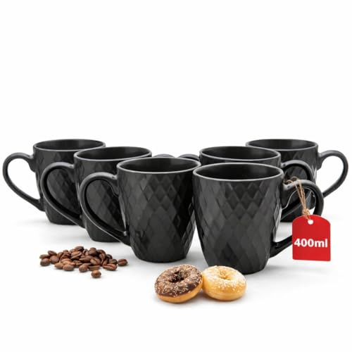 BigDean 6 Kaffeebecher 400 ml schwarze Kaffeetassen Steingut Waffeldesign | Stilvolles Tassen Set für Kaffee, Cappuccino, Latte Macchiato, Tee und Kakao