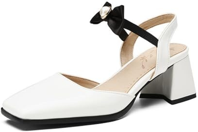 Generisch Damen Schleife Perle Dekor Blockabsatz Satin Quadratisch Geschlossene Zehe Pumps Slingback Niedriger Absatz Sommer Lack Leder Kleid Schuhe,Weiß,46 EU