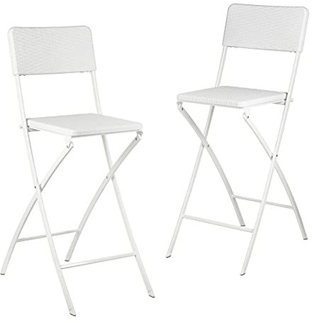 Relaxdays Barhocker klappbar, 2er Set, Rattan-Optik, Rückenlehne, HBT: 115 x 44 x 63 cm, Barstuhl, PE & Metall, weiß