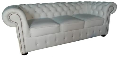 Casa Padrino Chesterfield Echtleder 3er Sofa in weiß mit Glitzersteinen 200 x 90 x H. 78 cm - Luxus Möbel