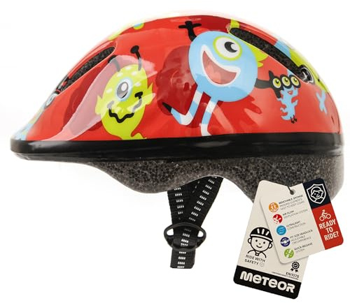 Meteor Kids Bike Helmet Monsters XS 44-48 cm, Toddler & Child Cycling Helmet, Lightweight Adjustable Scooter & Skate Helmet with Airflow Vents, Washable Padding, Safety Head Protection