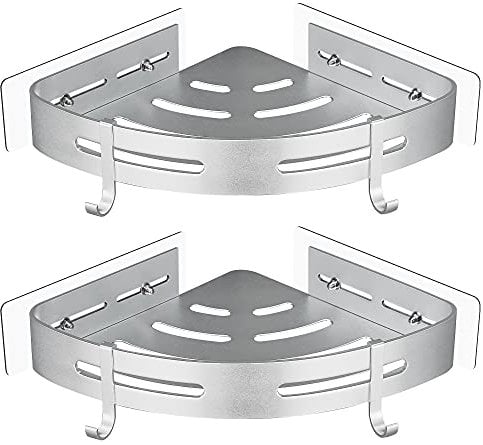 GRICOL Eck-Duschregal ohne Bohren, aus Metall mit 2 Haken für Dusche, rostfrei, selbstklebend, für Badezimmerartikel, 2 Stück (Silber)