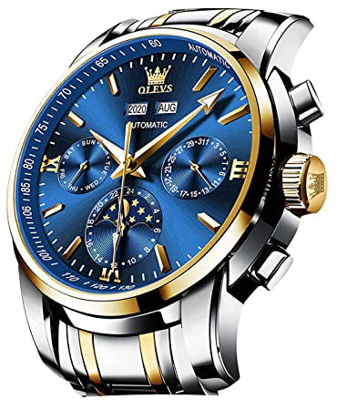 OLEVS Automatische Herrenuhr, selbstaufziehend, mechanisch, luxuriös, Mondphase, Edelstahl, wasserdicht, leuchtender Kalender, Armbanduhr, Blau, Mechanisch