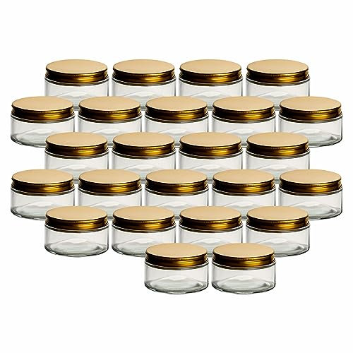 gouveo Lot de 24 bocaux en verre à visser de 200 ml avec couvercle doré – Grand pot à crème en verre avec bouchon à vis – Bocaux vides à remplir pour crème, cosmétiques, lotion