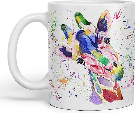 Vixar Tasse colorée à l'aquarelle girafe arc-en-ciel, idée cadeau, anniversaire, travail, bureau, Noël, thé, café (blanc)