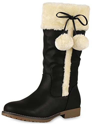 VAN HILL Warm Gefütterte Damen Winterstiefel Kunstfell Stiefel Bequem 173668 Schwarz 39