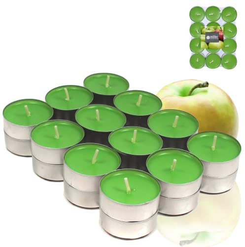 Candelo 24er Set Duft Kerze - Duftteelichter Grün fruchtiger Juicy Apple Geruch - Teelicht 4 Std Brenndauer - Duftkerze 3,6 x 1,4cm - für Frühling