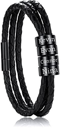 OTXIXTO Personalisierte 2-6 Namen Armbänder Personalisierte ID für Frauen Männer Echtes Leder Edelstahl Perlen Geflochtene Manschette Brautjungfer Geschenke Bester Freund(Schwarz 4 Perlen)