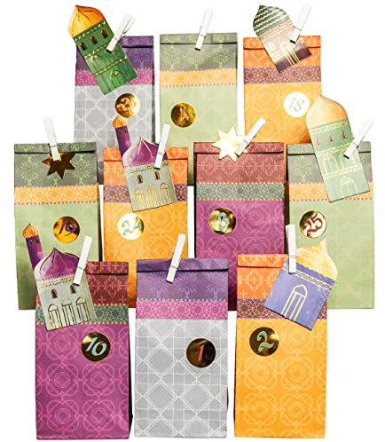 Papierdrachen DIY Ramadan Kalender zum Befüllen - für Kinder und Erwachsene - Bedruckte Kraftpapiertüten in lila - Gold - zum Aufstellen und Dekorieren - Eid Mubarak - wiederverwendbar - Set 4
