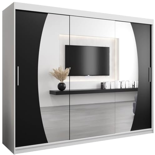 ABIKSMEBLE Armoire Elypse avec Porte Coulissante et Miroir - Dressing pour Chambre Adulte - Penderie Vêtements - Garde-Robe - Placard 3 Portes - Closet