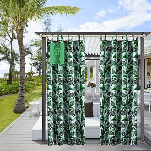 Comlax Outdoor Curtains Waterproof - 132x245 cm Tropical Leaves Printed Garden Thermal Insulation Blackout Drapes Detachable Buckle Tieback for Indoor Window and Outside Porch Pool, Balcony Green