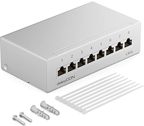 deleyCON CAT 6 Panneau de Brassage Panneau de Distribution 8 Ports 1 UH Desktop & Mural Blindé 8x Prise RJ45 LAN Câble D'installation Réseau TIA568A TIA568B RAL 7035 Gris Clair