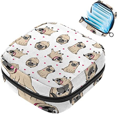 Damen-Servietten-Aufbewahrungstasche, lustige Mops, Welpen, Hunde, Herzmuster, Menstruationstasse, tragbare Damenbinden, Aufbewahrungstaschen, weibliche Menstruation, erste Periode, Tasche