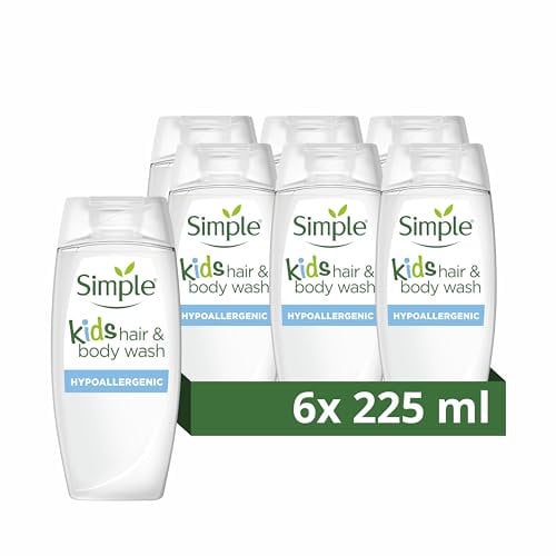 Simple Kind to Skin Kids Shampoo & Body Wash Hypoallergenic Shower Gel with natural lavender & chamomile oil for your child's sensitive skin 6x 225 ml