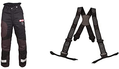 Oregon Yukon + Type A Class 1 (20 m/s) Chainsaw Protective Trousers for Sawing, Black, Size M (EU 46-48) & 537804 Braces for Chainsaw Protective Trousers