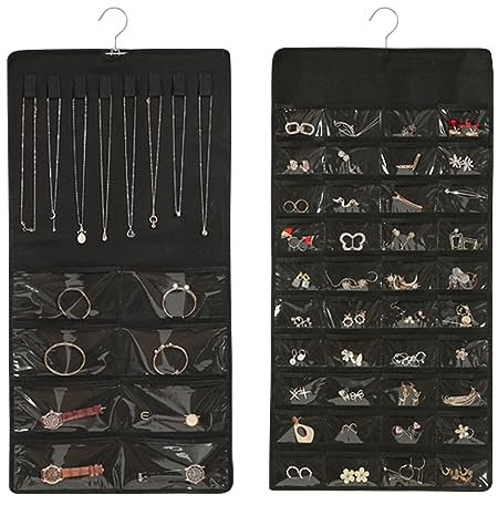 XZMCAT Doppelseitig Hängende Schmuck Organizers, Schmuckaufbewahrung mit 48 Taschen und 8 Haken und Loop Kleiderschrank, Aufbewahrungstasche über Der Tür Schmuckorganizer zum Aufhängen