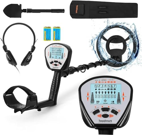 Towallmark Metalldetektor für Erwachsene Wasserdichter IP68 Metalldetektor Kinder, 25cm Suchspule Hohe Genauigkeit Pinpointer/All Metal/DISC 3 Modus für Schatzsuche
