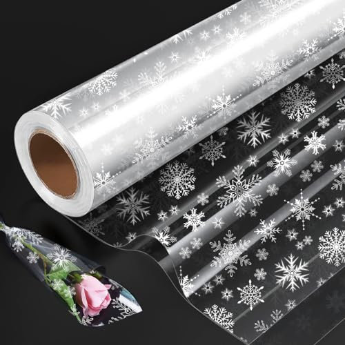 Zellophan-Verpackungsrolle, bedruckt mit Schneeflocke, gefaltet, transparent, 80 cm x 30 m, Zellophan-Verpackung zum Verpacken von Körben, Geburtstagsplätzchen, Geschenken, Osterpaketen