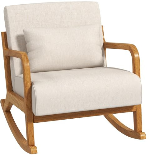 HOMCOM Schaukelsessel, Schaukelstuhl, Gepolsterter Schwingsessel mit Holzgestell, Relaxsessel mit Armlehne, für Schlafzimmer, Wohnzimmer, Creme