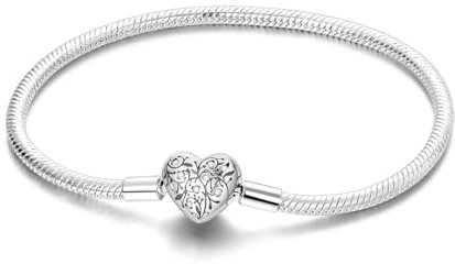 Hapour Bracciale con ciondoli da donna in argento sterling, chiusura a cuore con catena a forma di serpente, compatibile con ciondoli Pandora, regalo per lei