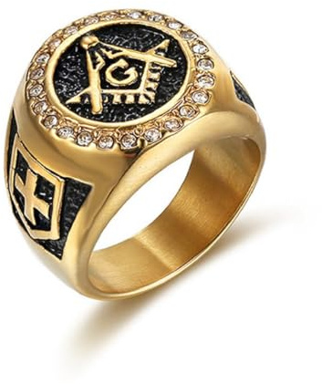 MayiaHey Bling Freimaurer-Symbol-Ring, Strass-Freimaurer-Ring Für Männer, Goldmeister-Maurer-Ring Funkelnd Freimaurer-Schmuck, Schild-Kreuz-Freimaurer-Ring Punk-Freimaurer-Kompass-Ring Für Jungen