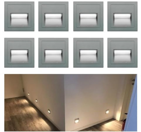 8er LED Treppenlicht Aluminium 230V 3W Glas Wandleuchten Treppenlicht mit Unterputzdose Treppenlicht Wandleuchte IP65 wasserdicht warmweiß,1 Stück