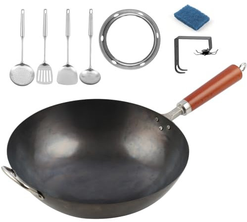 JLYO Padella wok in acciaio al carbonio, wok tradizionale cinese giapponese da 36,1 cm, fondo rotondo, set con 7 accessori da cucina, wok martellato a mano (36,1 cm, blu)