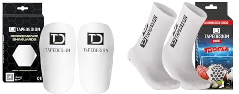 TAPEDESIGN® - Performance Shinguards 2.0 - Schienbeinschoner Fußball Herren, Damen & Kinder Weiß & ''Classic'' - 1 Paar rutschfeste Fußball Socken mit gummierten Noppen