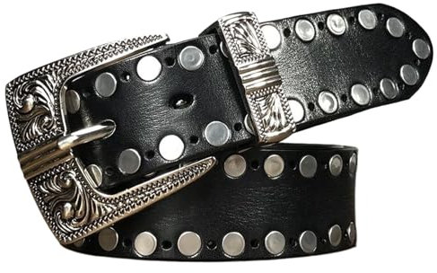 WRJAHCG Leather Rivet Belt for Men with Metal Pin Buckle, Men's Belt Adjustable Studded Punk Motorcycle Western,Black,115CM/45.3''