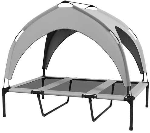 PawHut Cooling Raised Dog Bed, Elevated Pet Bed with Breathable Mesh, UV Protection Canopy, Foot Pads, for Indoor Outdoor, Large Dogs, 106 x 76 x 94cm - Light Grey