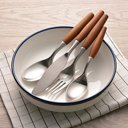 Ensemble d'argenterie 60 pièces, ensemble de couverts en acier inoxydable pour 5 ensembles d'ustensiles avec couteaux, fourchettes et cuillères, manche en bois de rose poli miroir et lavable au lave-