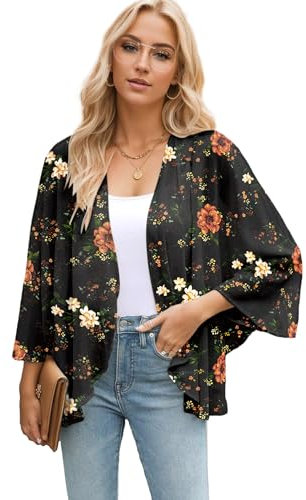 Famulily Kimono Cardigans for Women Summer Printed Cardigans Shawl Loose Casual Blouse (S,Black-Orange)