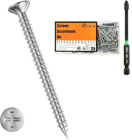 Suneke 100 Stück M3.5mm X 50mm Hohe Härte Trockenbauschrauben, 304 Edelstahl, Feingewinde, Flachkopf, Holz-Schrauben mit Organizer Box & 1 PH2#2 Langer Bit