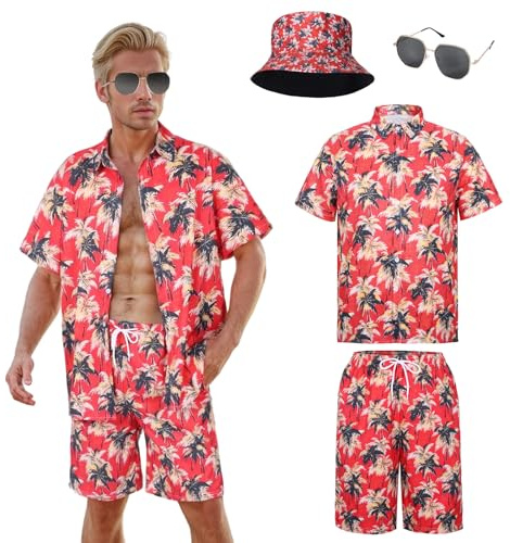 HarnyLoom Chemise Hawaïenne Homme Femme Shirt Chemise Manche Courte A Fleur Plage Tropicales Eté Aloha Chemisette Pantalon Lunettes de Soleil Costume Fête