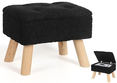 OGEMXU Storage Ottoman, Small Foot Stool Ottoman With Storage, Boucle Teddy Velvet Foot Rest With Padded Seat. (Black)